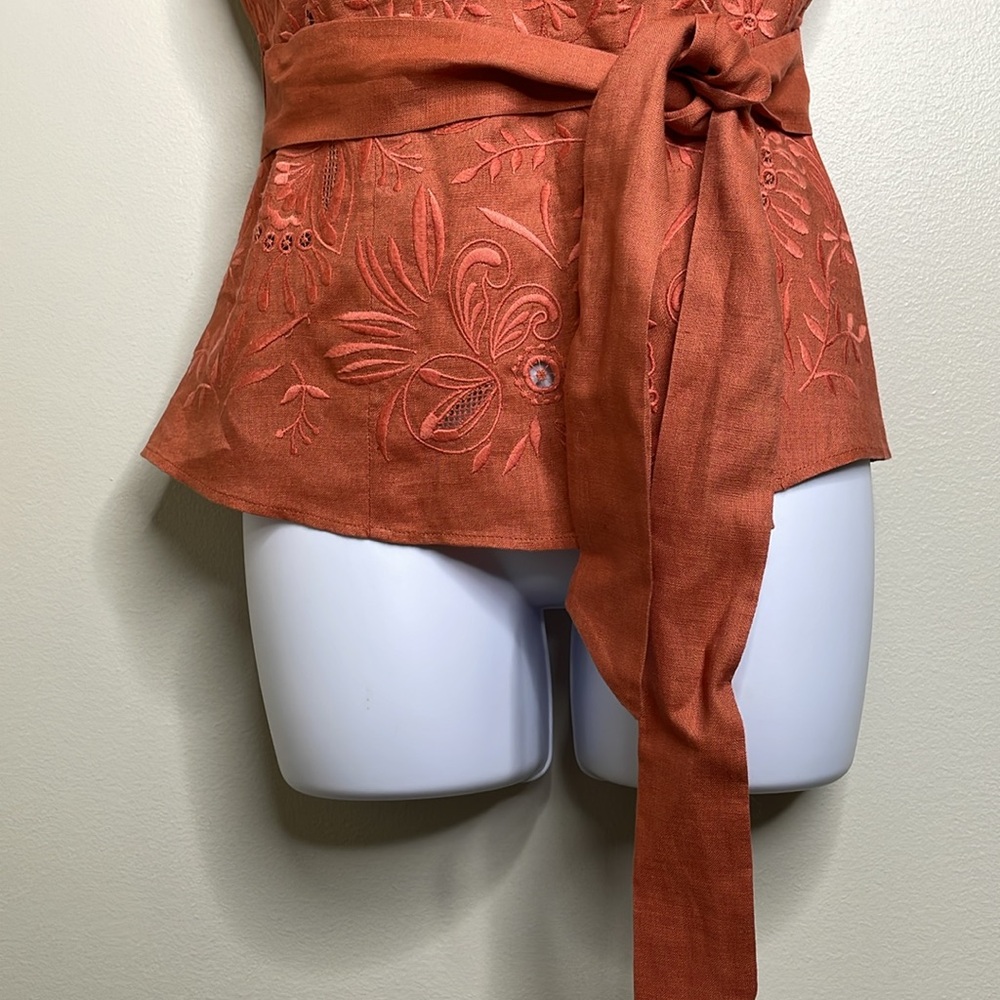 Lafayette 148 Coral Embroidered Button Front Belted Linen Blouse Size 4 Petite - Picture 3 of 12